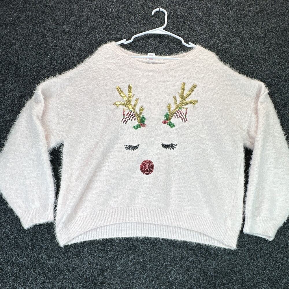 Holiday Time Women's Plus 2XL Pink Chunky-Knit Sequin Reindeer Pullover Sweater